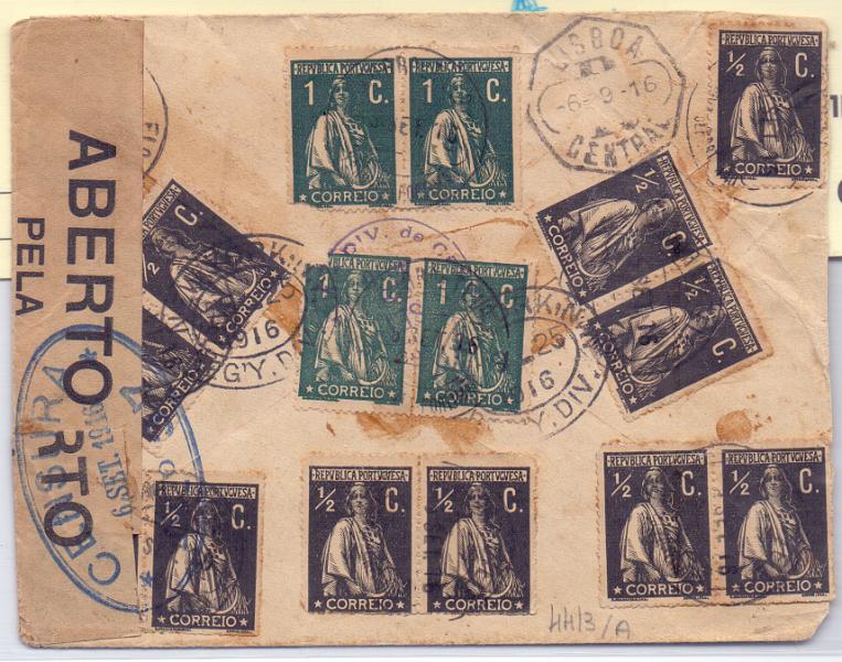 0895 v.jpg -     Lote:    895 (verso)            Portugal       Descrição:         1912 &mdash; Ceres. Sobrescrito circulado registado de Vila Nova de Portimão (05.09.16) para Havana / Cuba, com trânsito por Lisboa (06.09.16) e EUA (25.09.16) com 5 pares + selo isolado de &frac12;c preto, denteado 15x14 CE207 + dois pares de 1C denteado 15x14 CE208. Censurado pela censura portuguesa. Raro destino.         Carta       Valor Base:     &euro; 40,00     Valor Venda:     &euro; 110,00     